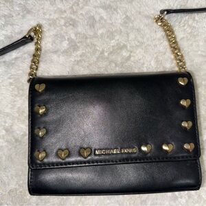 Michael Kors Black Leather Crossbody Bag with Gold Heart Accents
